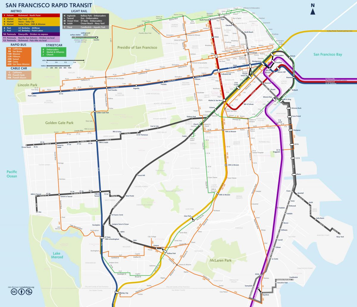 Zemljevid San Fran tranzitnega