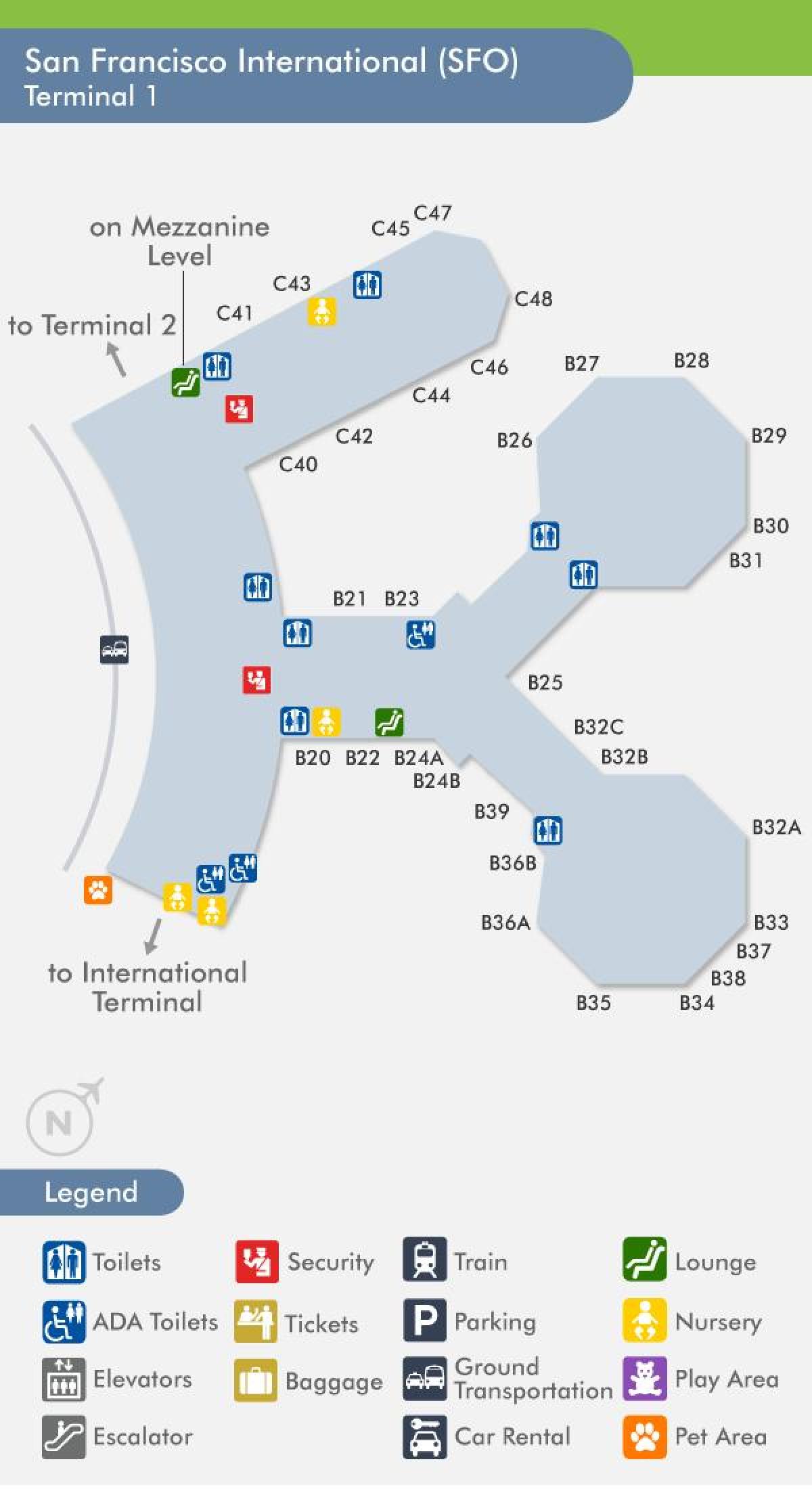 San Francisco letališki terminal 1 zemljevidu