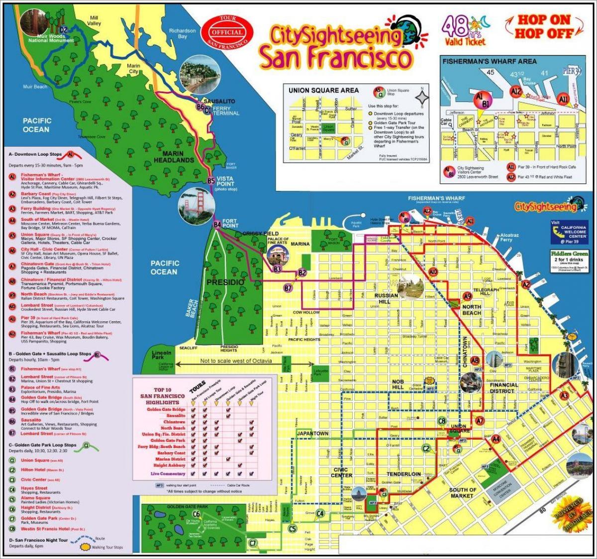 San Francisco hop on hop off avtobusom zemljevid