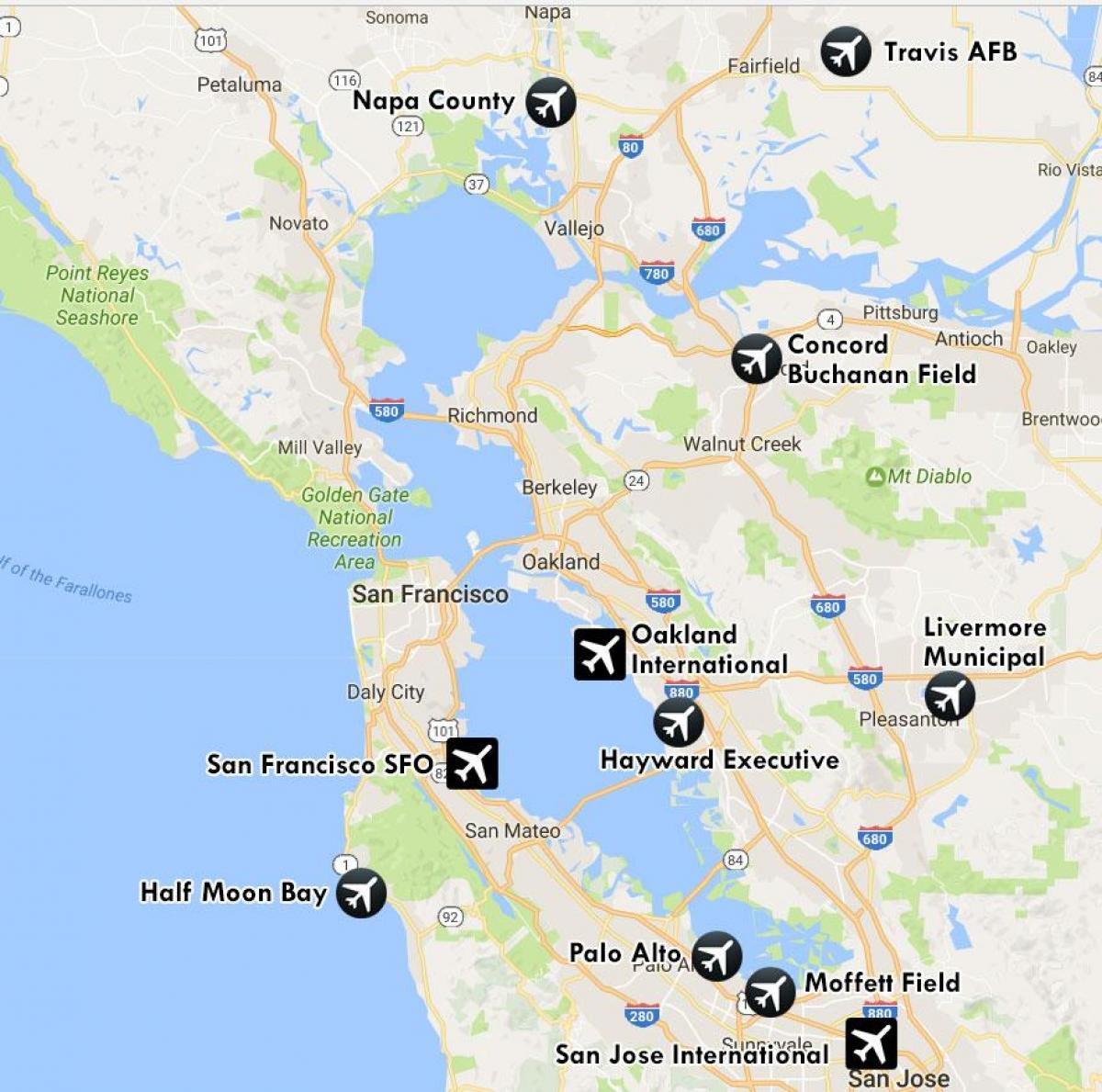 letališč v bližini San Francisco zemljevid
