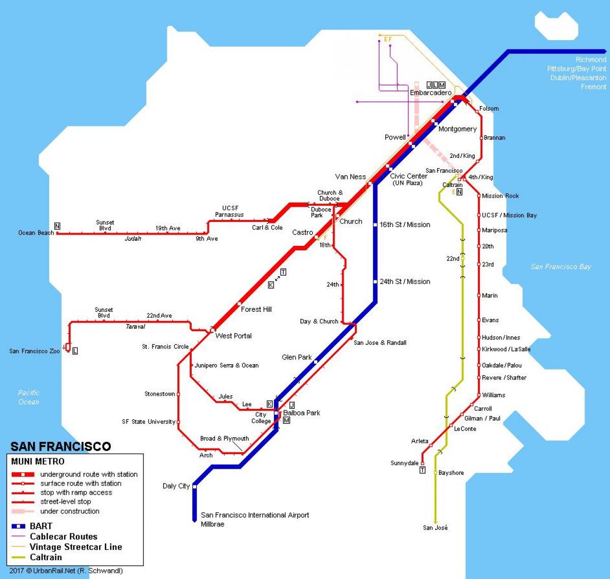 San Fran tramvaj zemljevid